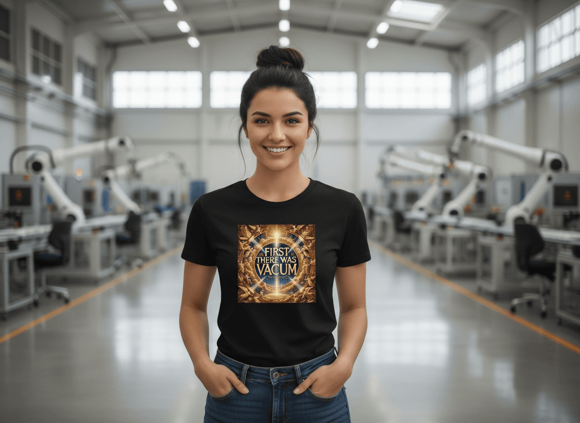 Black Tee — "First There Was Vacuum" Gold Design
